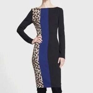 St. John Collection Colorblock Leopard Print Long Sleeve Sheath Dress Black 12